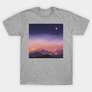 Lights Through The Fog, Stars In the Sky Minimalistic Landscape Illustration T-Shirt